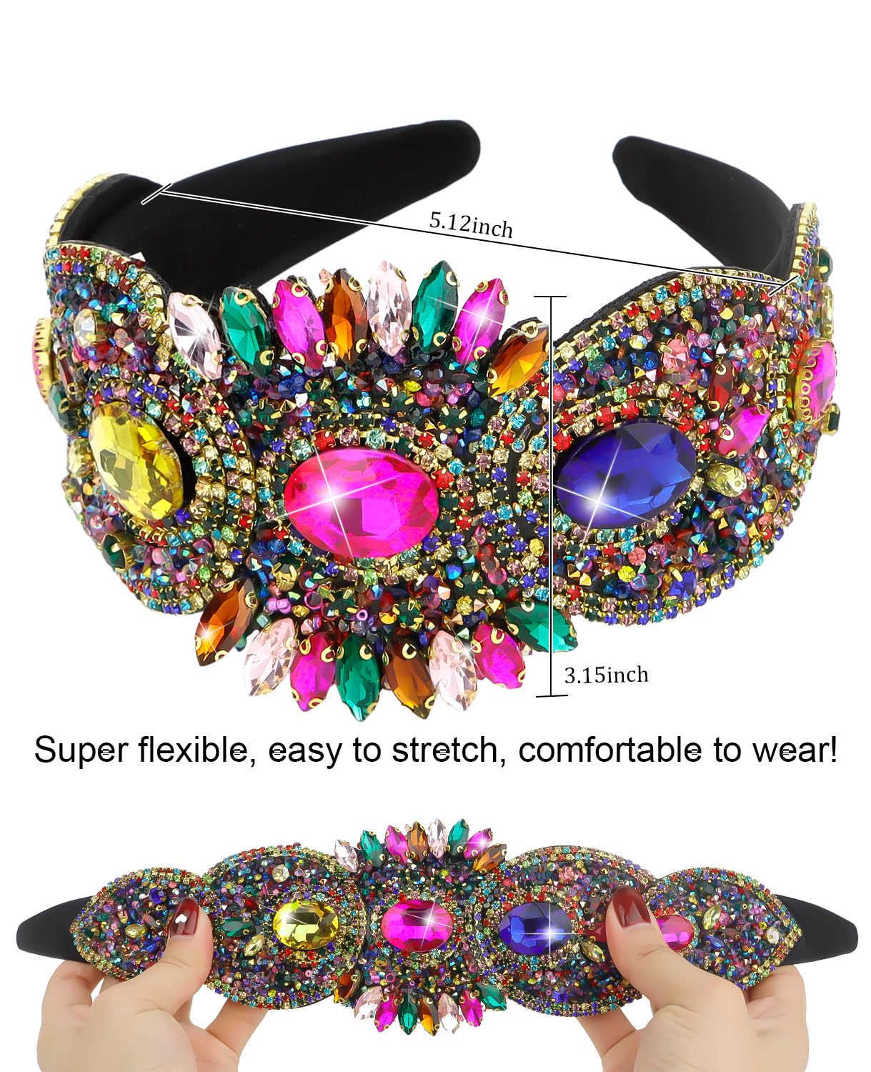 Wecoe Rhinestone Headband Women Girls 3.15 Inch Wide Multi-color Headband Fancy Sparkly Bling Diamond Beaded Jeweled Headband Fashion Non Slip Valentine's Day Hair Accessories For Women Girls Gifts