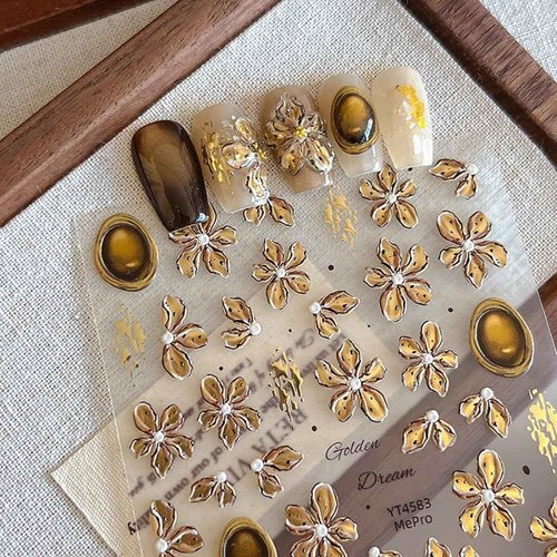 1 Sheet Brown Flower Nail Stickers Embossed Floral Nail Art Decals, 5D Self Adhesive Nail Decals Stickers for Women DIY Spring Manicure Decoration Supplies for Acrylic Nails