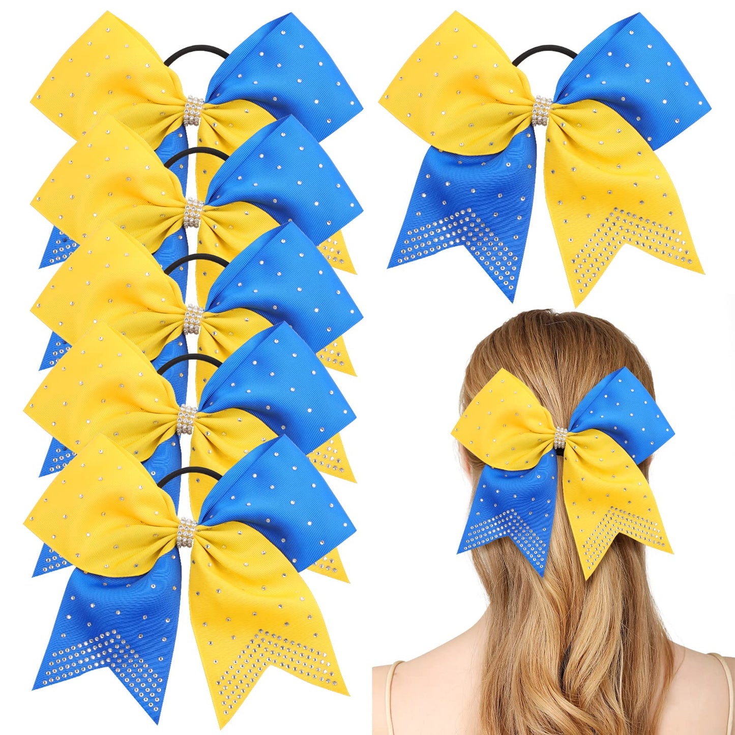 6PCS 8" Large Cheer Hair Bows Ponytail Holder, Rhinestones Cheerleader Bows with Elastic Band Hair Tie Handmade for Cheerleading Teen Girls College Sports (Yellow/Royal Blue)