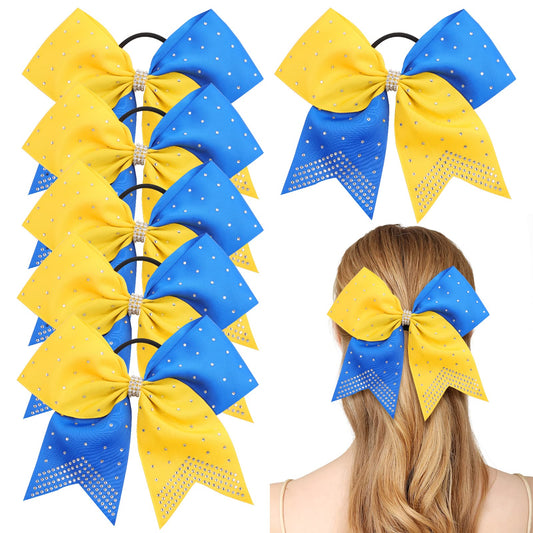 6PCS 8" Large Cheer Hair Bows Ponytail Holder, Rhinestones Cheerleader Bows with Elastic Band Hair Tie Handmade for Cheerleading Teen Girls College Sports (Yellow/Royal Blue)