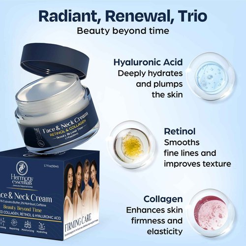 Hermony Essentials Everyday Glow Cream - Radiant Renewal Trio with Collagen, Retinol & Hyaluronic Acid - Hydrating Face & Decollete Cream for Women of All Ages - 1.7 oz