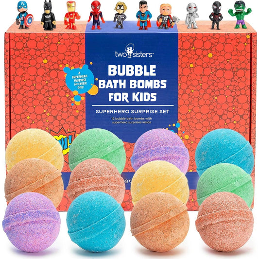 Superhero Bath Bombs for Kids with Surprise Toy Inside, 12 Pack Bubble Bomb Fizzies, Fruity Scents, Relaxing Aromas, USA Made, Ideal Birthday Gift for Girls & Boys by Two Sisters