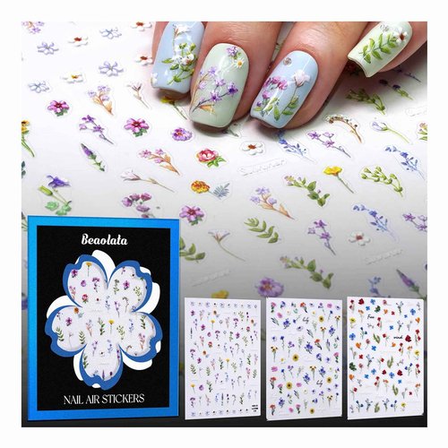 Beaolata Flower Nail Stickers for Nail Art - 3 Sheets 5D Embossed Iridescent Floral Trio Leaf Plant Designs Self-Adhesive Nail Decals for Women Manicure Salon Nails Art Decoration