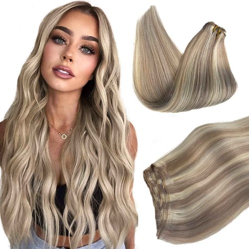Sew in Hair Extensions Real Human Hair, Ombre Brown to Platinum Blonde Highlighted Weft Hair Extensions Human Hair 80G Double Weft Hand Tied Human Hair Extensions Sew in Bundles 16 Inch