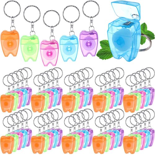 Landical 100 Pcs Mini Dental Floss Keychain Bulk Tooth Shaped Portable Floss Cleaning for Travel Homeless Donated Gifts Teeth Cleaning Oral Care 15 M /16.4 Yard (Multicolor)