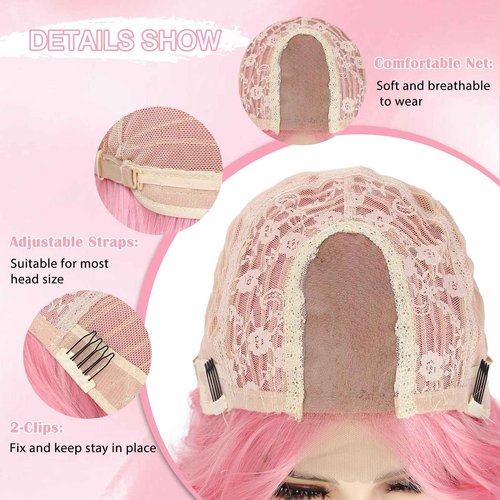 Angzon Long Pink Wavy Wig Middle Part for Women 26 Inch Light Pink Curly Wavy Wigs Natural Looking Synthetic Heat Resistant Fiber Wig for Daily Party Use