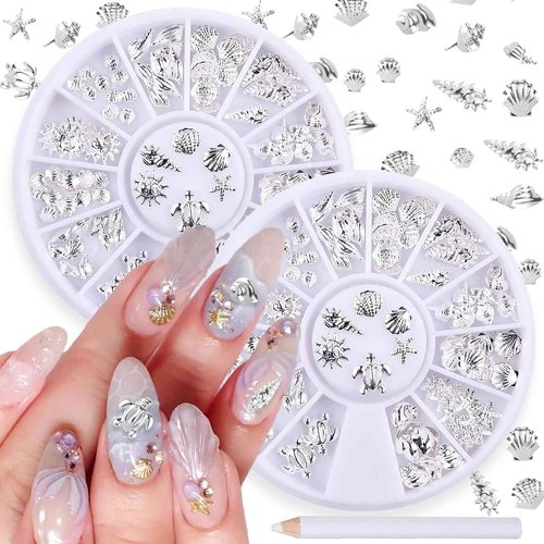 HYWWPFLAY 2 Disc 3D Silver Nail Charms, Beach Starfish Sea Seashell Nail Art Studs Rivet Alloy 3D Nail Gems Metallic Jewelry Decoration for Manicure DIY Nail Accessories (12 Style-Ocean)