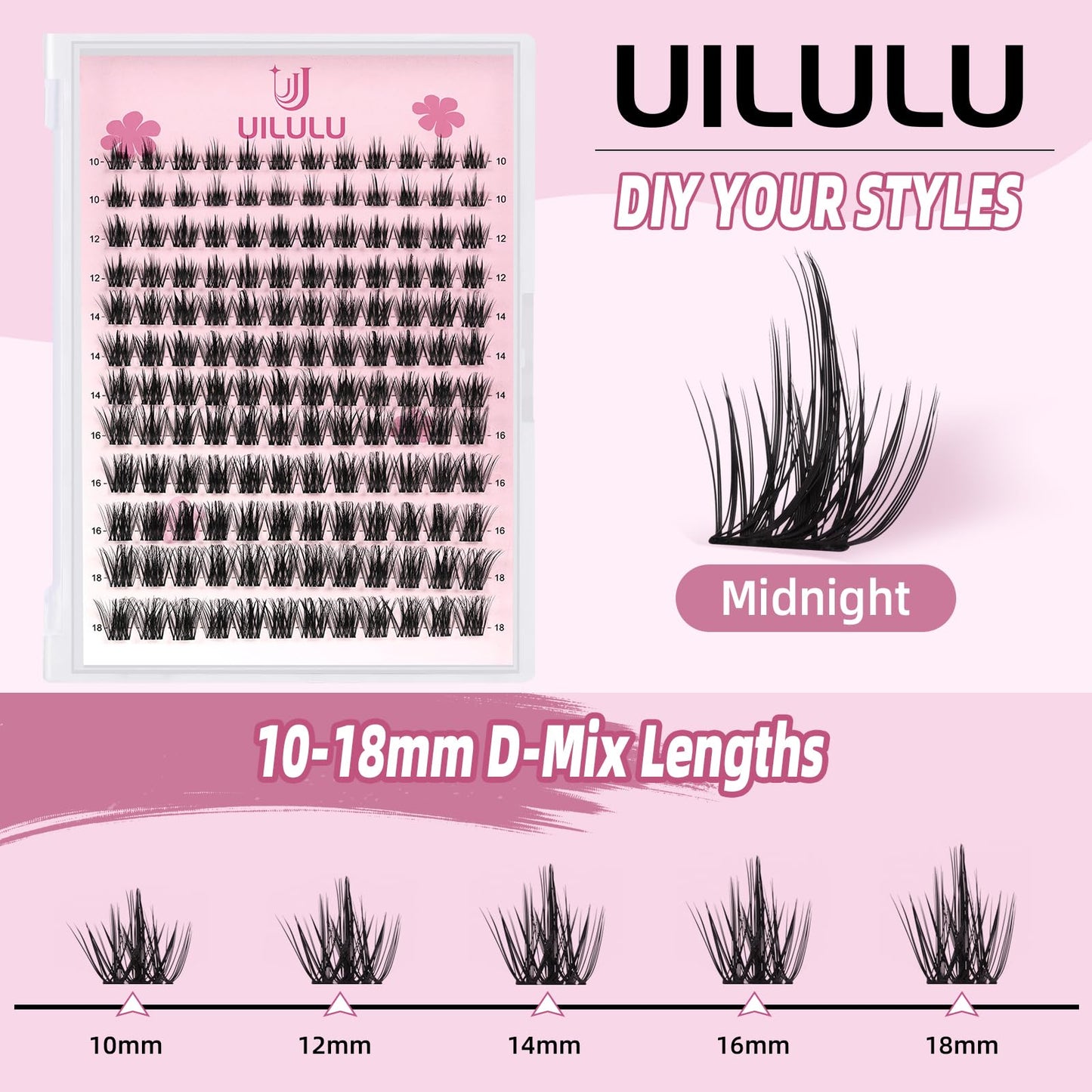 Uilulu Lash Clusters Kit 10-18mm Natural Lashes Clusters D Curl False Eyelash Clusters, DIY Lash Extension Kit with Lash Bond & Seal, Lash Glue Remover, Lash Tweezers(U06 Lash Kit)