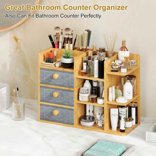 Large Bamboo Makeup Organizer For Vanity, Large Capacity 3 Tiers Bamboo Bathroom Counter Organizers and Storage, Countertop Make Up Skin Care Holder with 3 Brush Holders 3 Drawers 7 Compartments