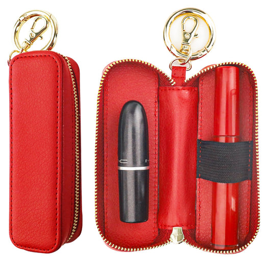 Bocasal Leather Lipstick Case Holder Chapstick Keychain Pouch, Zipper Lip Balm Lip Gloss Bag for Purse with Key Chain Elastic Band, Makeup Travel Organizer, Cosmetic Storage Kit for Women Girls (Red)