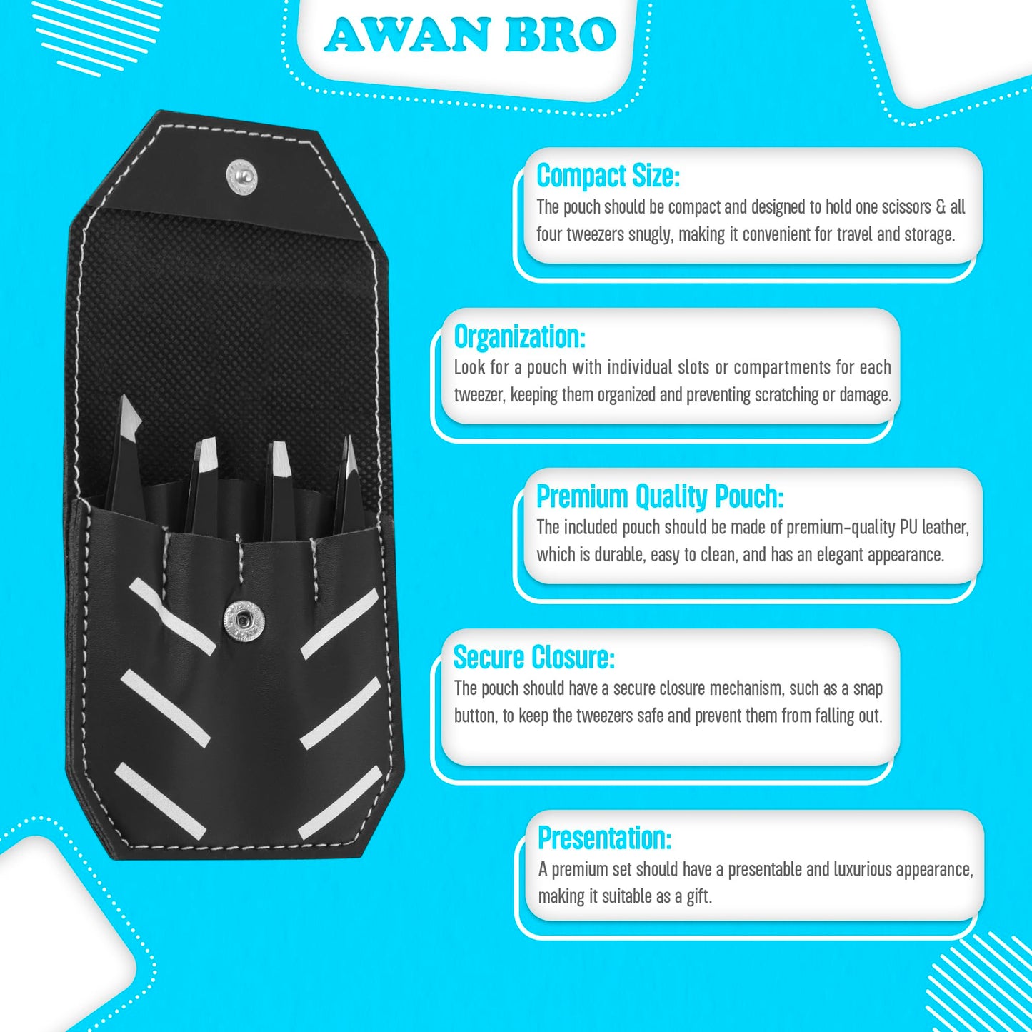 AWAN BRO Professional Stainless Steel Eyebrow Tweezers 4 Pieces With Case, Softly Closure High Precision Strong Grip Eyebrows Facial Hair Ingrown High Grade Tweezers For Women (Black Matt 4pack)