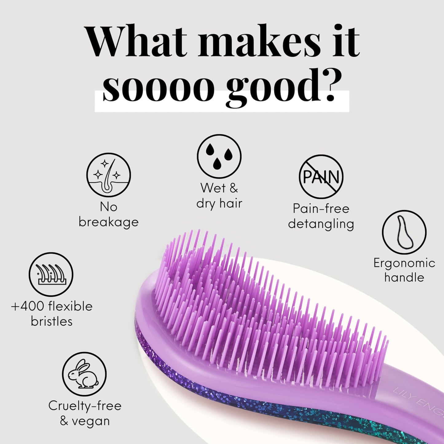 Lily England Detangler Brush for Curly Hair, Thick, Straight & Natural Hair - Gentle Detangling Hair Brush for Women, Kids & Toddlers with Flexible Bristles - Hairbrush for Wet & Dry Hair, Purple