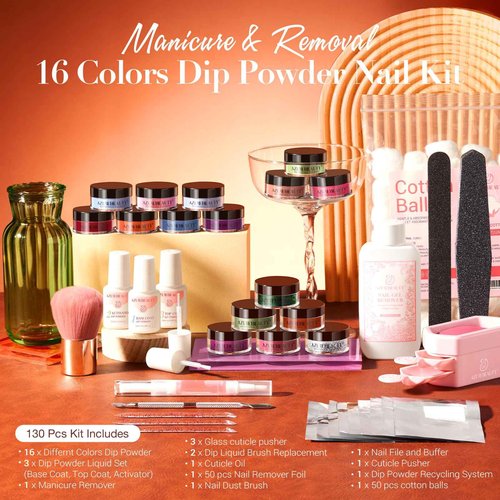 AZUREBEAUTY 130 Pcs Dip Powder Nail Kit ,16 Colors Brown Purple Green with Top/Base Coat Professional Glitter or DIY Salon Gifts
