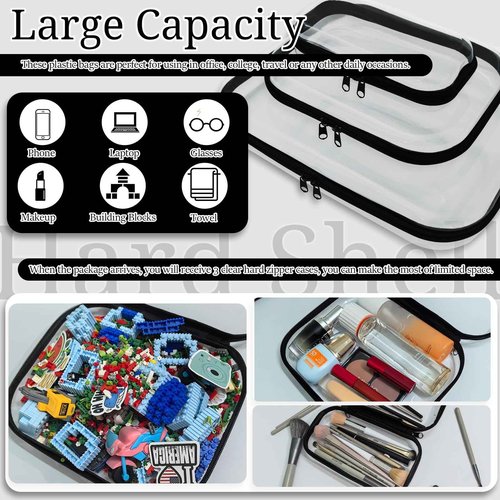 YOQIVEXU 3 Pcs Clear Hard Zipper Case, Hard Shell Plastic Clear Organizer Bag, Transparent Makeup Pouches, Portable Box for Travel Toiletries, Toy Storage Bins (Black, Multi)