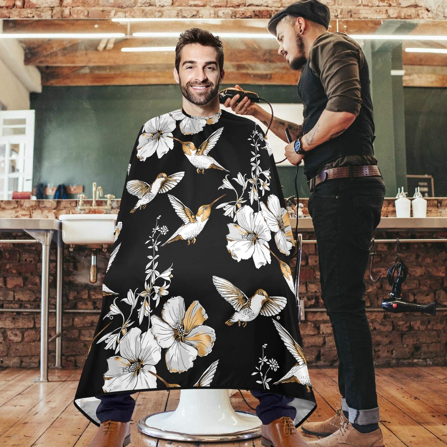 visesunny Barber Cape Exotic Tropical Hibiscus Flower And Hummingbird Gold Silver Pattern Polyester Hair Cutting Salon Cape Apron Anti-Static Haircut Water-Resistant Shaving Cloth Beard Shaving Bib Ha