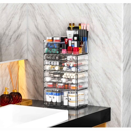 Cq acrylic Make Up Organizers for Vanity With 14 Drawers, 4 Pack Clear Drawer Organizers,Plastic Cute Desk Accessories Organization and Bathroom Organizers Storage Case Box Cube for Beauty,Skin Care