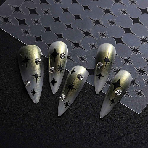 12 Sheets Star Nail Art Stickers Decals Gold Silvery Nail Stickers Star Design 3D Self-Adhesive Nail Decals Black White Manicure Supplies for Holiday Nail Art Decorations