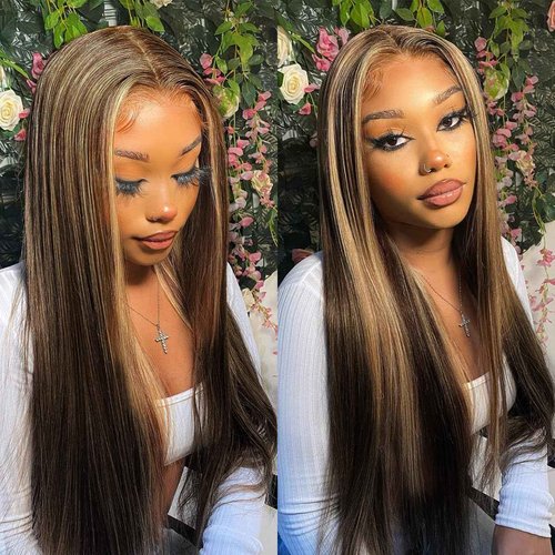 MITIMES 4/27 Highlight Ombre Lace Front Wig Pre Plucked 180 Density Honey Blonde Long Straight Lace Front Wigs Synthetic Glueless Straight Highlight Lace Front Wig 32inch