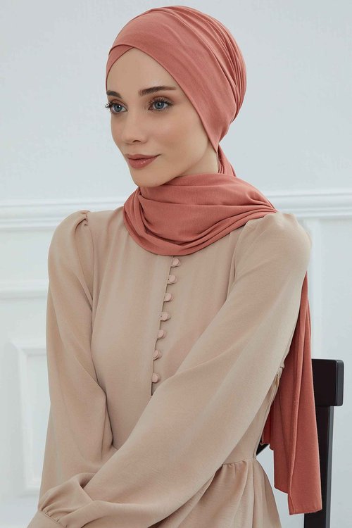 Aisha's Design Instant Turban Hijab Scarves for Women, 95% Cotton Pre-tied Jersey Head Wrap Bonnet & Shawl, Salmon