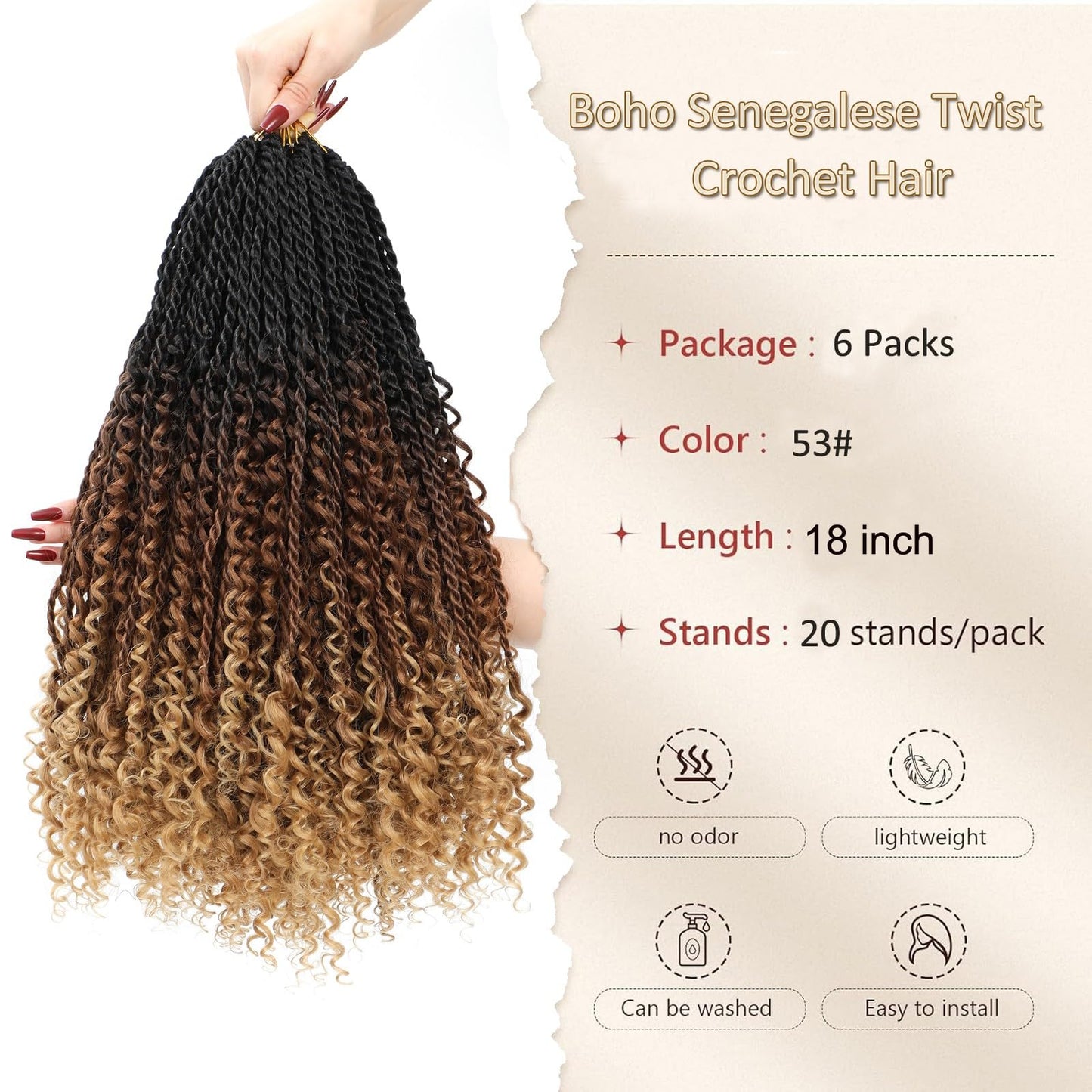 Goddess Twist Braids Crochet Hair With Curly Ends Senegalese Twist Braids Crochet Braids 6 Packs black brown light brown Crochet Braids Synthetic Braiding Hair Extension for Black Women (18inch, 53#)