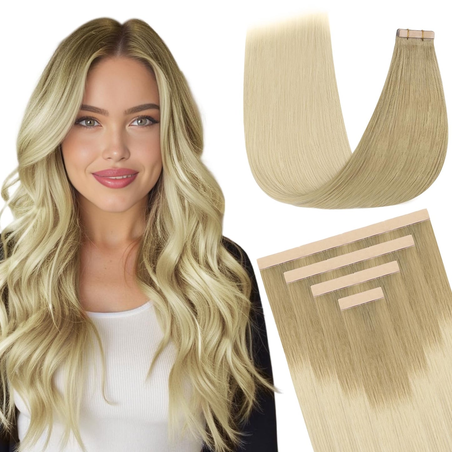 DOORES Tape in Extensions, Light Brown to Golden Platinum Blonde 14 Inch 25g 10pcs, Human Hair Extensions Tape in Remy Straight Hair Real Natural Hair Extensions