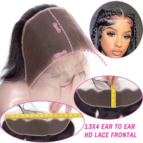 13x4 Lace Frontal Closure Body Wave Ear to Ear HD Lace Frontal 16 Inch Brazilian Human Hair Closure Free Part 150% Density Body Wave Hair Extensions Pre Plucked Natural Black