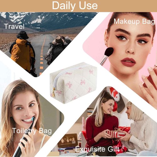 HHQQWZ Cute Floral Cotton Makeup Bag, Quilted Makeup Bag for Women Girls, Travel Floral Cosmetic Bag Zipper Make Up Pouch, Flowers Toiletry Organizer Bag (Small Red Bowknot)