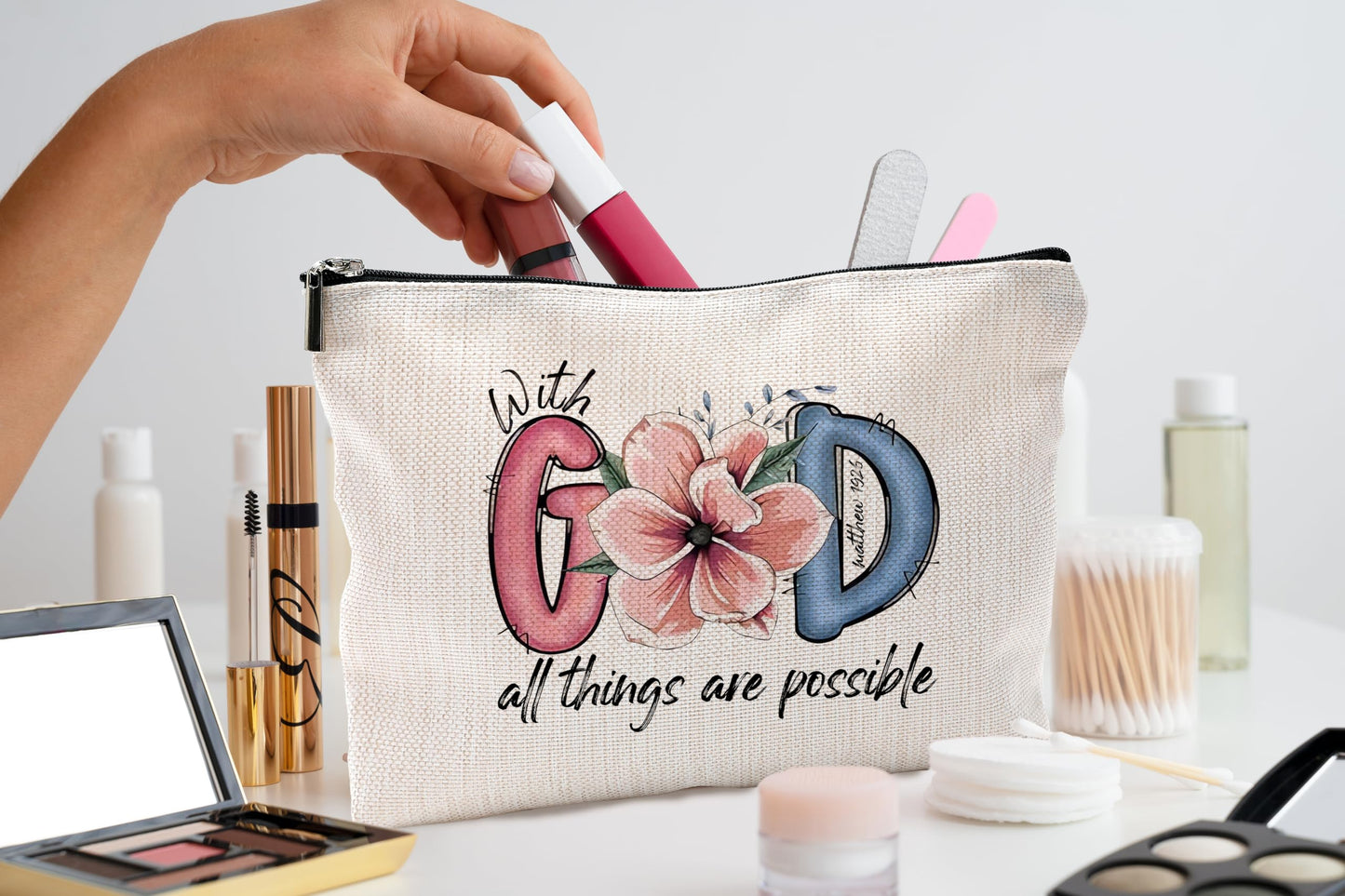 QGFM Christian Gifts for Women,Christian Makeup Bags for Women,Bible Verse Makeup Bag With Zipper,With God All Things Are Possible Cosmetic Bag