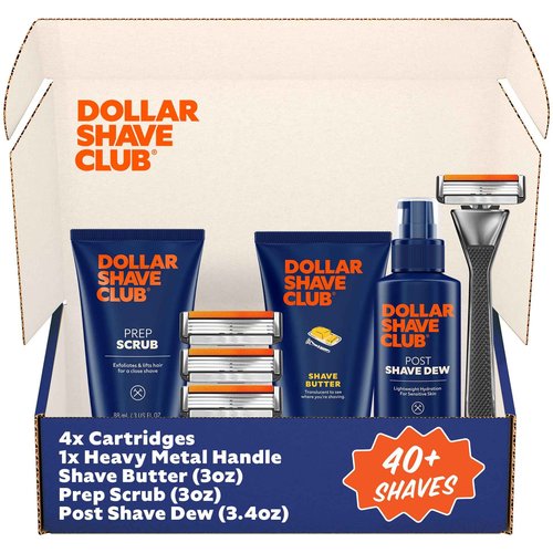 Dollar Shave Club | The Total Package Gift Set | 4 Swift Rinse Refill Cartridges, 1 Heavy Metal Handle, 1 Prep Scrub 3 ounce, 1 Shave Butter 3 ounce, 1 Post Shave Dew 3.4 ounce, Razors for Men