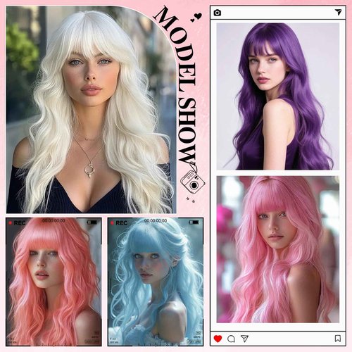 NOSTALGIA Halloween Blue Wigs for Women 26 Inch Blue Wig with Bangs Long Wavy Synthetic Heat Resistant Wig for Daily Cosplay Use