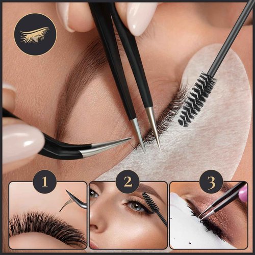KLDKUST Stainless Steel Eyelash Extension Tweezers (Straight & Curved Tip) & Eyelash Brushes (4PCS, Black) for Eyelash Extension Applications