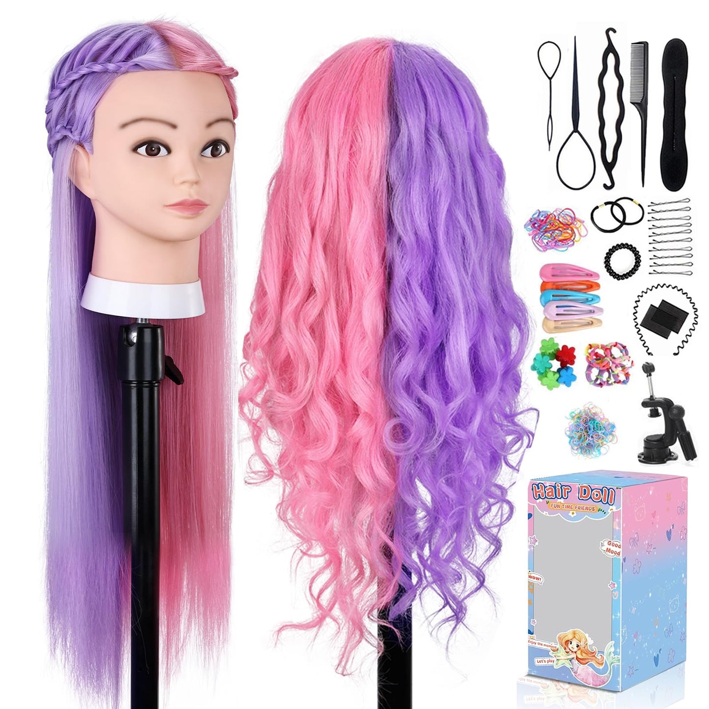 Mannequin Head with 70% Real Hair, TopDirect 26" Hair Mannequin with Hair Manikin Head Practice Cosmetology Hair Doll Head Side Part Styling Hairdressing Training Braiding with Clamp Holder & Tools