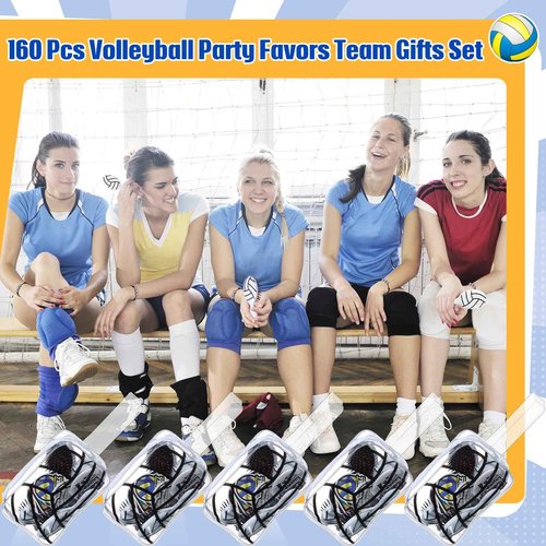 Meanplan 160 Pcs Volleyball Party Favors Volleyball Team Gifts Set Sports Accessories Include Cosmetic Bags Bracelets Hair Ties Hairbrushes Compact Mirrors Stickers for Sports Party Supplies