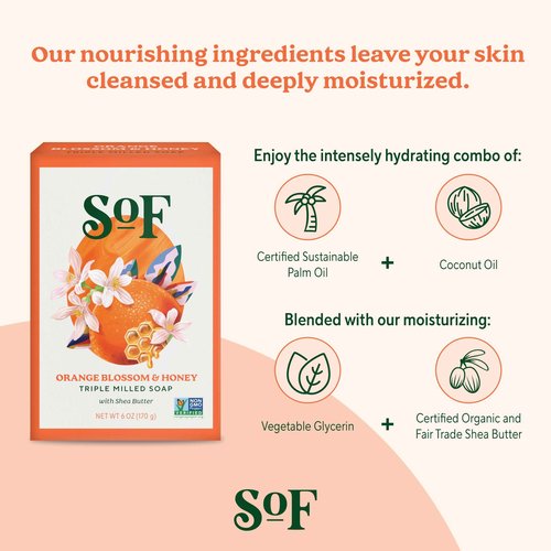 SoF Triple Milled Bar Soap - With Coconut Oil & Organic Shea Butter- Vegan & Non GMO- Free From Phthalates, Sulfates & Parabens- Orange Blossom & Honey - 6 oz Bar 4 Bars