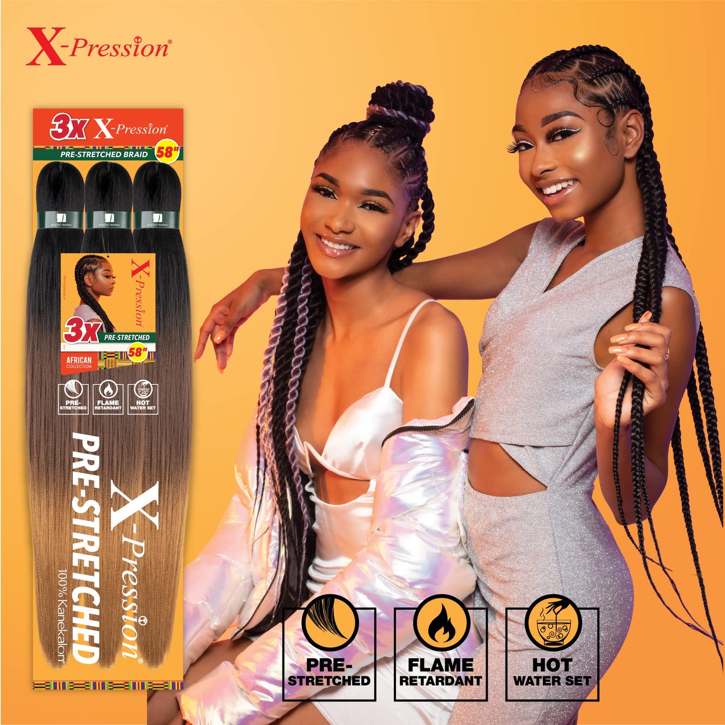 Sensationnel X-pression prestretched braiding hair - 3x braid 58 inch all kanekalon flame retardant synthetic braid for box braids and twists (1 pack, 30 LIGHTAUBURN)