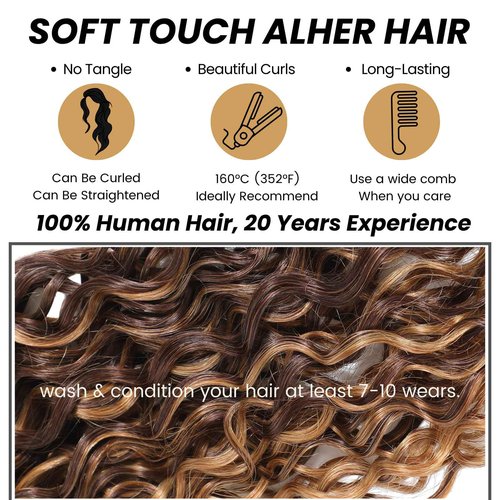 ALHER 12A Water Wave Ombre Single Bundles, Soft Thick P4/27 Honey Blonde Highlight Bundles Wet and Wavy, Brown Highlight Colored Curly Human Hair Bundles 100% Brazilian Virgin Remy Hair 12 Inch