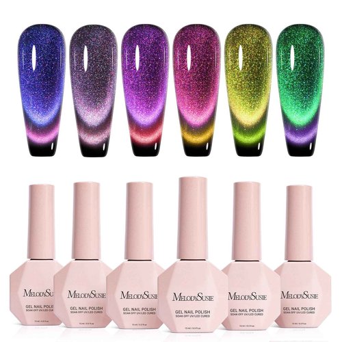 MelodySusie 9D Chameleon Cat Eye Gel Nail Polish Set 6 PCS, 0.5 Fl Oz Red Rosy Pink Glitter Holographic Magnetic Nail Polish with Magnet, UV Nail Polish for Nail Art Manicure Salon DIY at Home