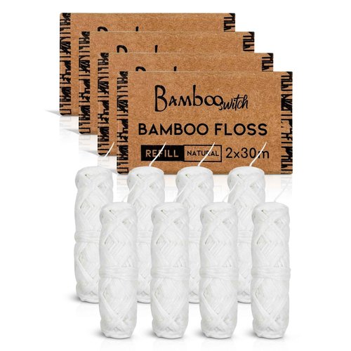Bamboo White Dental Floss Refills (8 Spools), Eco-Friendly, Mint Bamboo Fiber, Vegan, Plastic-Free