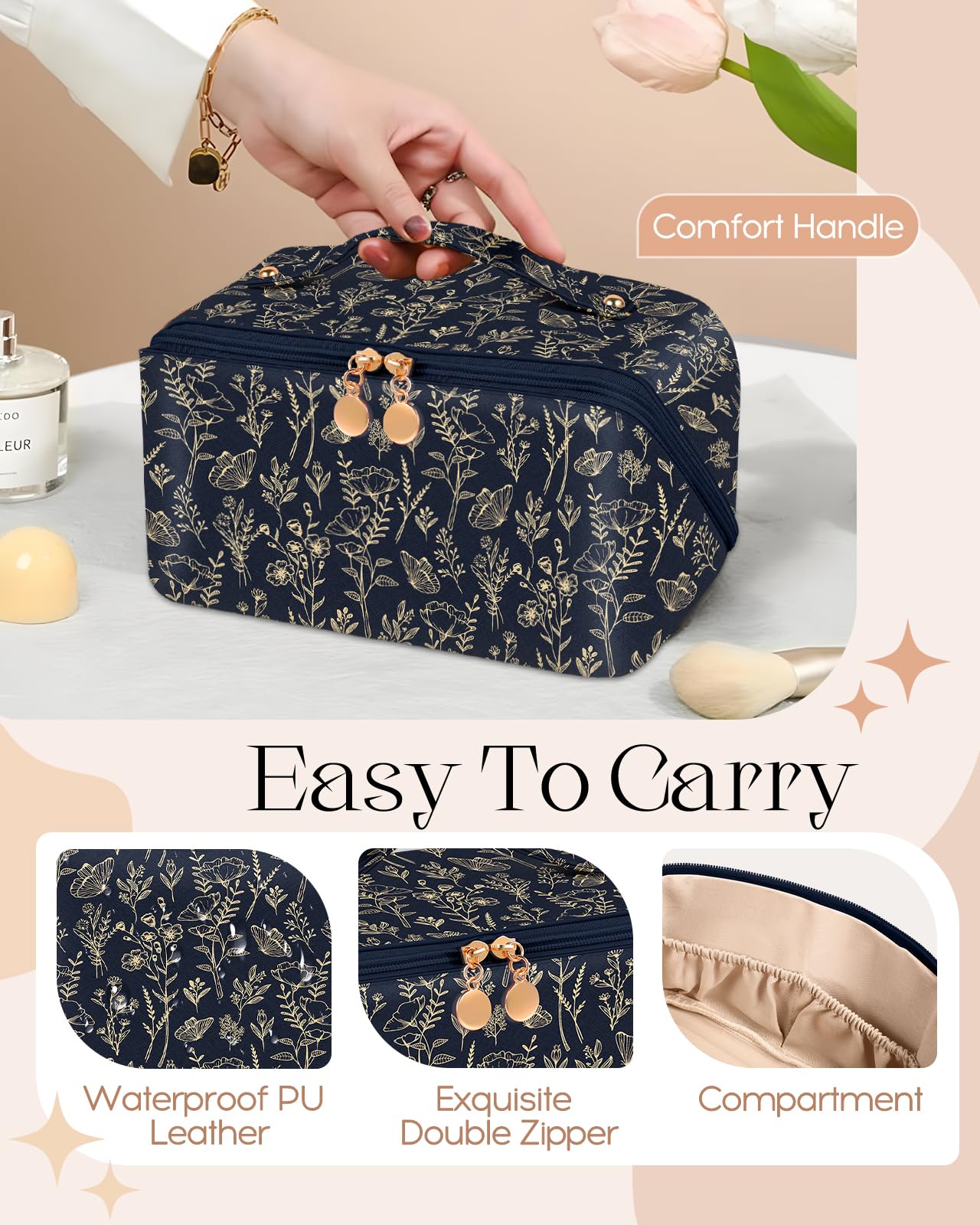 Bistup Makeup Bag Travel Cosmetic Bag Toiletry Make Up Bags Cute Women Large Capacity Big Medium Leather Black and Gold Floral Aesthetic Girl Teen Teenage Square Foldable Expandable Open Flat Zip