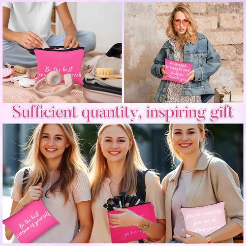 Fjoron 12 PCS Pink Inspirational Canvas Makeup Bags Bulk Makeup Bags for Women Inspirational Quotes Cosmetics Bags with Zipper Gift for Valentine's Day Christmas Graduation