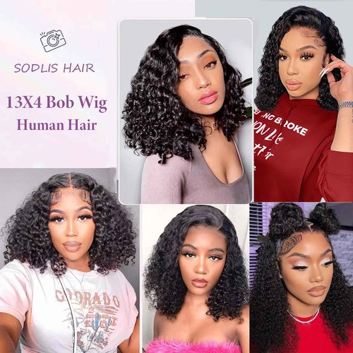 SODLIS Short Curly Bob Wig Human Hair 13x4 Lace Front Wigs Human Hair Bob Wig For Black Women Brazilian Virgin Pixie Cut Curly Wave Lace Front Wigs Pre Plucked Natural Hairline (8 Inch)