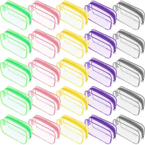 Reginary 25 Pcs Clear Makeup Bags Bulk Cosmetic Bags with Zipper Travel Toiletry Bags Waterproof Portable Transparent Zippered Pouches for Women Men Travel Bathroom Business (Bright Color)
