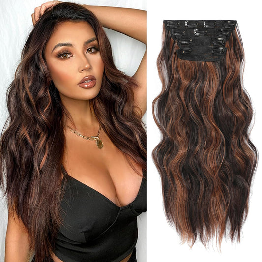 NAYOO Clip in Curly Hair Extensions 4PCS Long Wavy Synthetic Thick Hairpieces with Fiber Double Weft for Women Hair Full Head (20 Inch, Auburn Mix Chestnut)