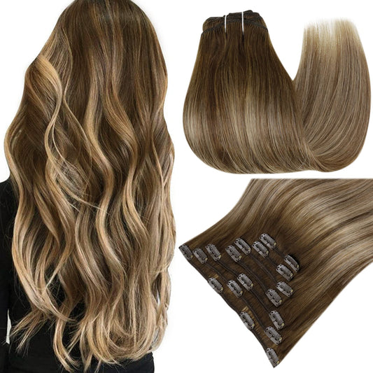 Easyouth Clip in Hair Extensions Real Human Hair Balayage Brown Hair Extensions Clip ins Dark Brown Ombre Caramel Brown Real Human Hair Extensions Clip ins Double Weft 7pcs 120g 18inch