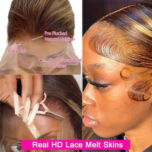 13x6 Lace Front Wigs Human Hair Wigs for Black Women, 4T4/27 Blonde Highlights 13x6 HD Lace Front Wigs Human Hair Pre Plucked with Baby Hair 16 Inch 150% Density Colored Transparent Wigs Human Hair