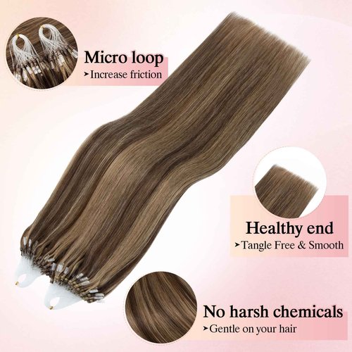 SEGO Pro Microlink Hair Extensions, Micro Loop Human Hair Extensions, Long Straight Invisible Microbead Extensions for Women, 14 inches, Medium Brown mixed Dark Blonde, 50 Strands, 50g/pack