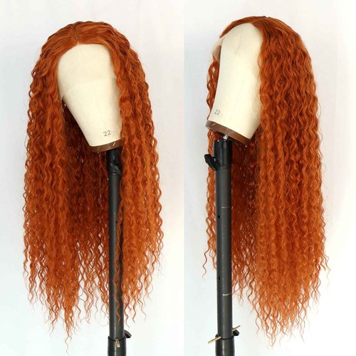 Phyoung 32 inch Ginger Long Curly Lace Front Wigs for Black Women Glueless Curly Synthetic Wigs Orange Ginger Synthetic Wigs Long Ginger Wig Middle Part Wigs Loose Curly Wig