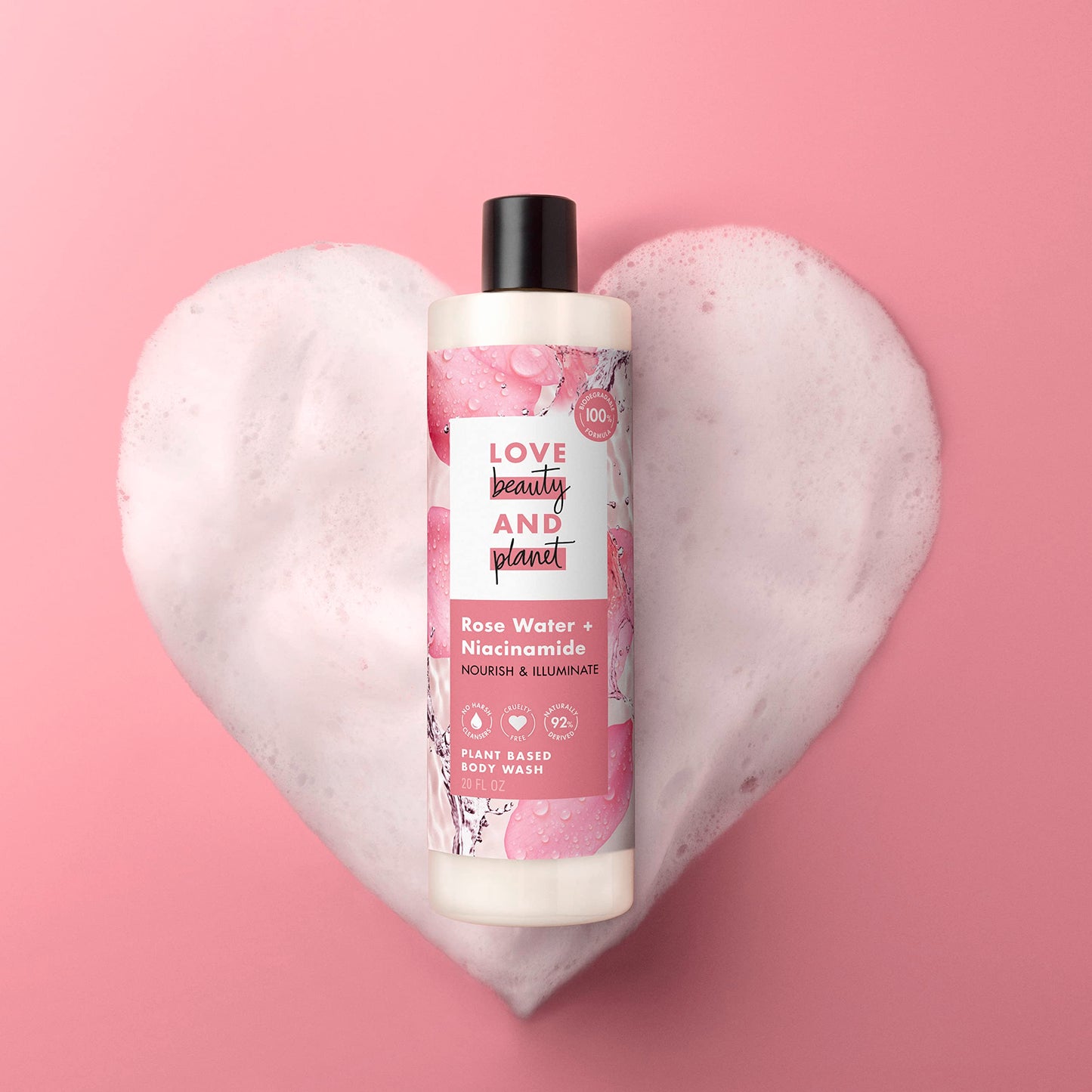 Love Beauty and Planet Plant-Based Body Wash Nourish and Illuminate Skin Rose Water and Niacinamide Made with Plant-Based Cleansers and Skin Care Ingredients, 100% Biodegradable 20 fl oz