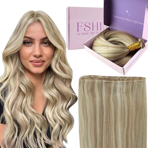 Fshine Real Human Hair Extensions Genius Weft Highlight Ash Blonde And Golden Blonde Sew in for Women 14 Inch 50g Weave Remy Natural