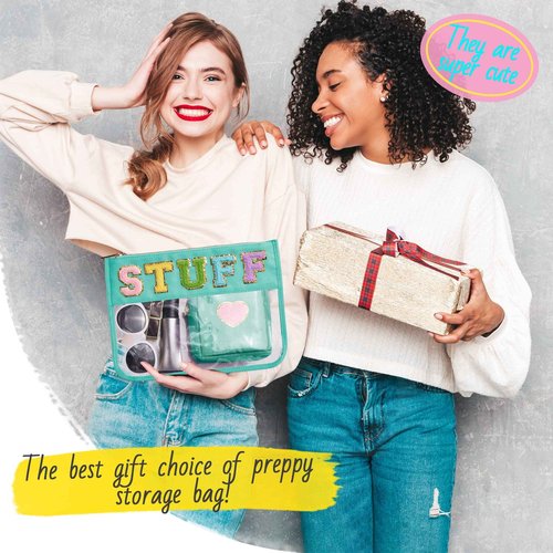 BAGMIND Preppy Patch Stuff Bag for Travel, 2 PCS Chenille Letter Clear Sunscreen Bag, PU Waterproof Beach Snack Makeup Cosmetic Bag Pouch, Gift for Women Girls